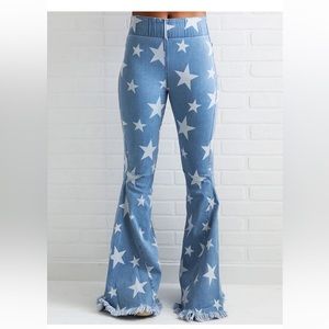 Star Print Flare Jean with Raw Edge Hem